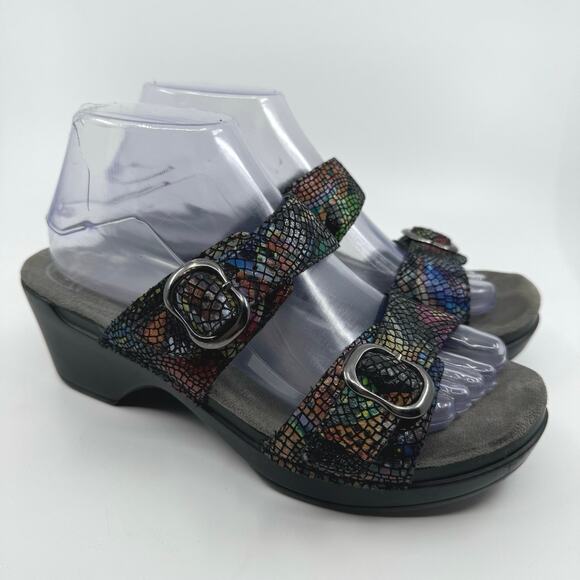 Dansko Sophie Mosaic Slide Wedge Sandals Black Leather Buckle Womens Size EU 39 - Picture 1 of 8